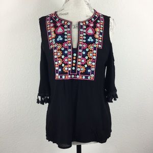 Verte Black Floral Embroidered Cold Shoulder Top